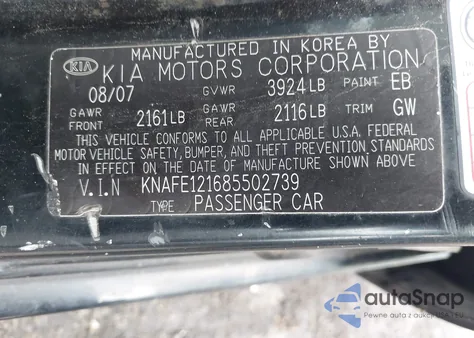 2008 Kia Spectra Lx from USA, damaged, VIN KNAFE121685502739